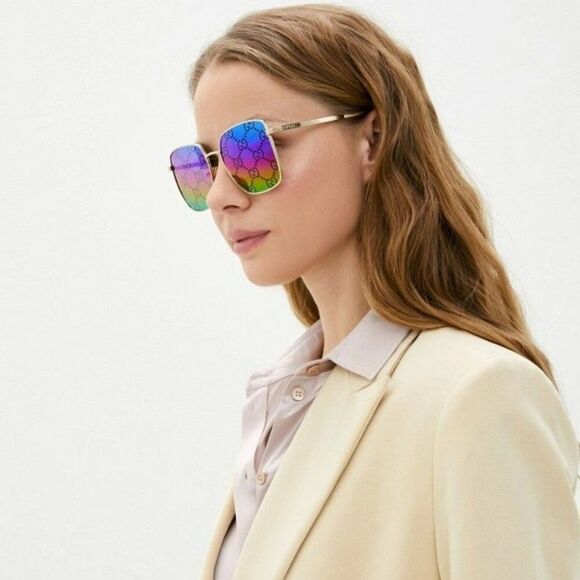 Gucci Women Sunglasses Gold Multicolor GG Pattern Mirror Square GG0802S 004 main image 14
